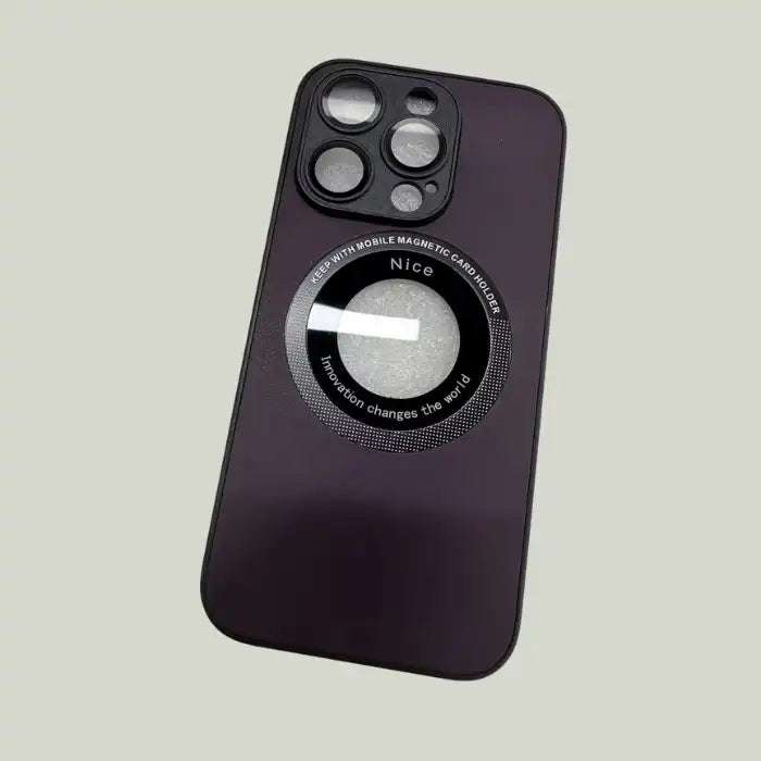 Purple matte iPhone protective case with MagSafe magnetic ring on white desk
