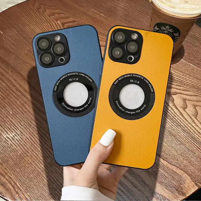 iPhone protective case in textured yellow and blue leather with circular MagSafe mount
