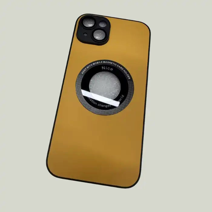 Yellow iPhone protective case featuring MagSafe ring on a flat light background