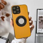 iPhone protective case in textured yellow leather held by hand with white nails