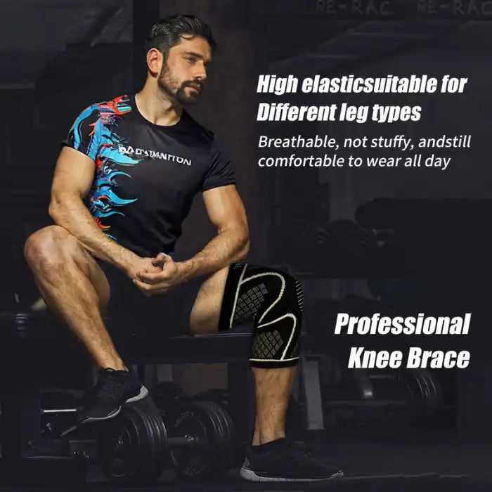Knee compression sleeve worn by man at gym, offering support and breathability for all leg types.