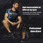 Knee compression sleeve worn by man at gym, offering support and breathability for all leg types.