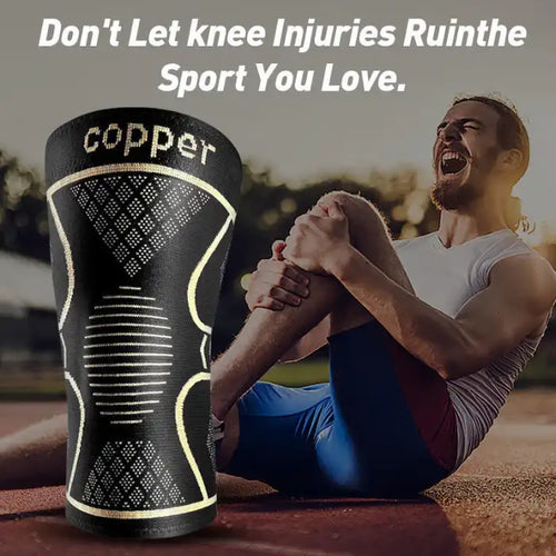 Knee compression sleeve shown beside injured athlete on track, ideal for post-injury support and protection.