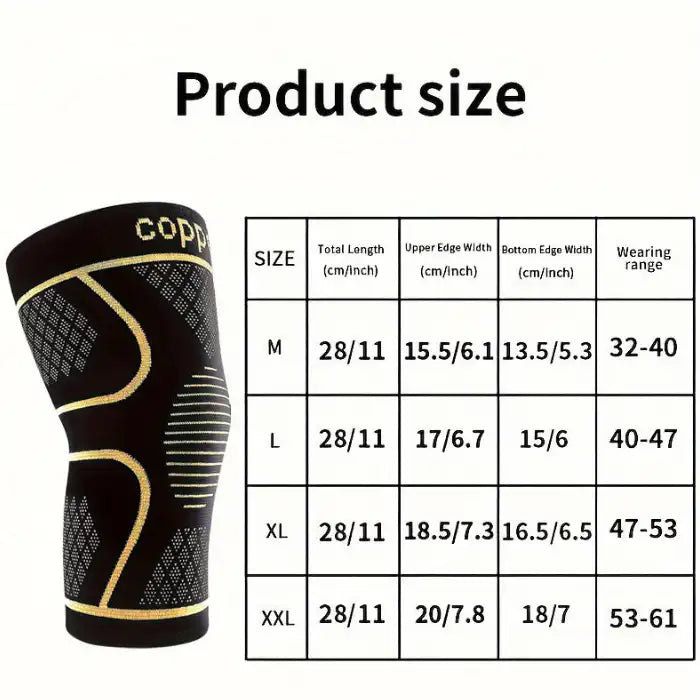 Size chart for knee compression sleeve with measurements and fit range for M to XXL options.