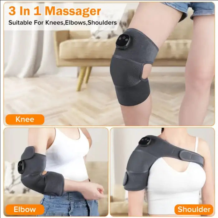 Knee massager shown in 3-in-1 usage for elbow, knee, and shoulder joint pain therapy