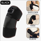 Knee massager in black used on shoulder, elbow, and knee with adjustable strap and LED controller