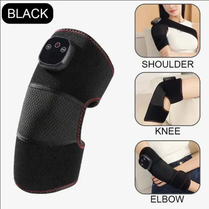 Knee massager in black used on shoulder, elbow, and knee with adjustable strap and LED controller