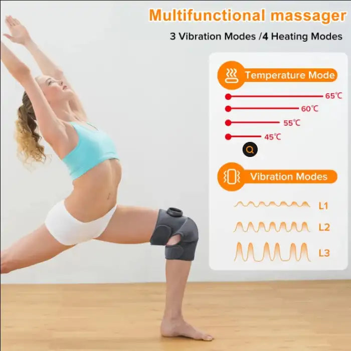 Knee massager with 4 heating levels and 3 vibration modes worn during yoga for pain relief
