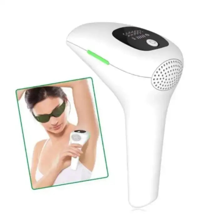 Laser epilator hair removal device shown in use on underarm with protective glasses worn