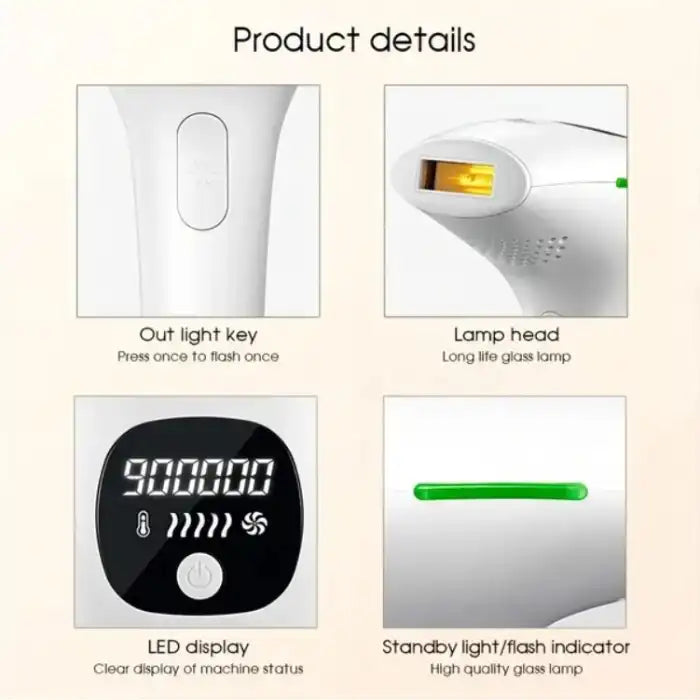 Laser epilator hair removal closeup of LED display, lamp head, flash button, and light indicator