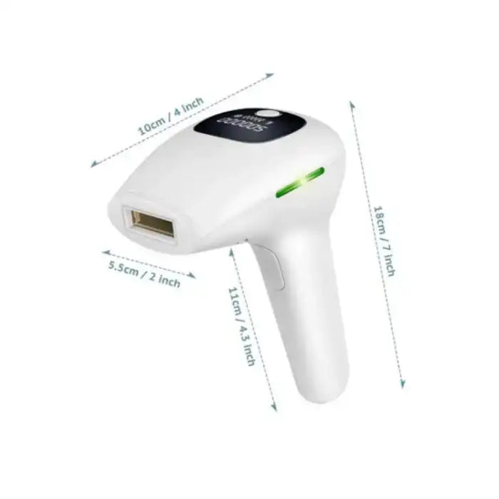 Laser epilator hair removal device shown with dimensions for height, width, and depth