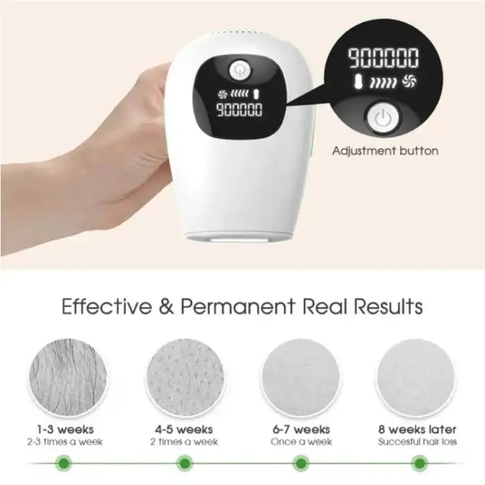 Laser epilator hair removal device showing 900000 flashes and timeline of visible hair loss