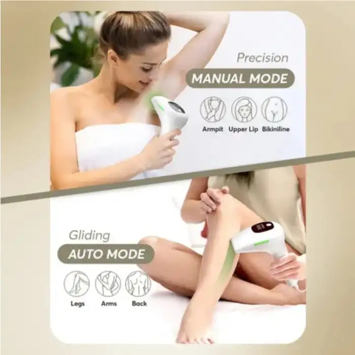 Laser epilator hair removal in auto and manual modes used on legs, armpit, lip, and bikini area
