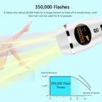 Laser hair remover emitting yellow light beams with 350,000 flash capacity and performance chart