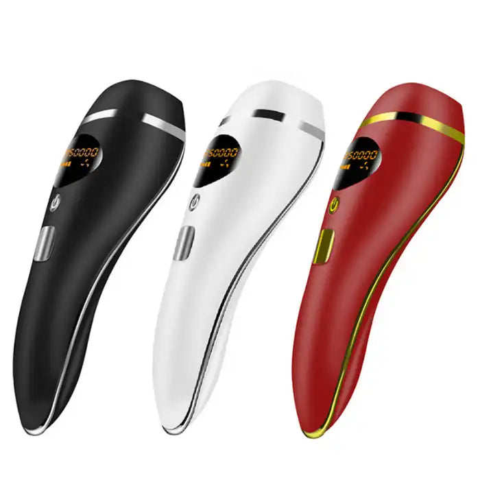 Laser hair remover devices in black, white, and red color options with LED display and sleek design