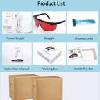Laser hair remover full kit including goggles, charger, razor, instruction manual, and packing box