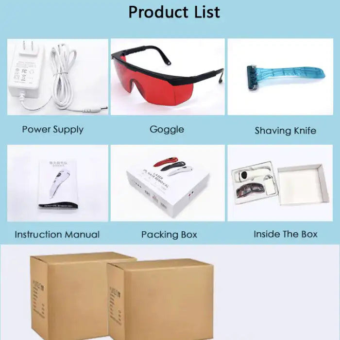 Laser hair remover full kit including goggles, charger, razor, instruction manual, and packing box