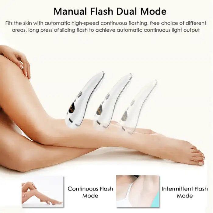 Laser hair remover showing continuous and intermittent flash modes for body and underarm treatment