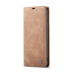 Leather phone case in beige with soft matte texture and wallet-style flip closure.