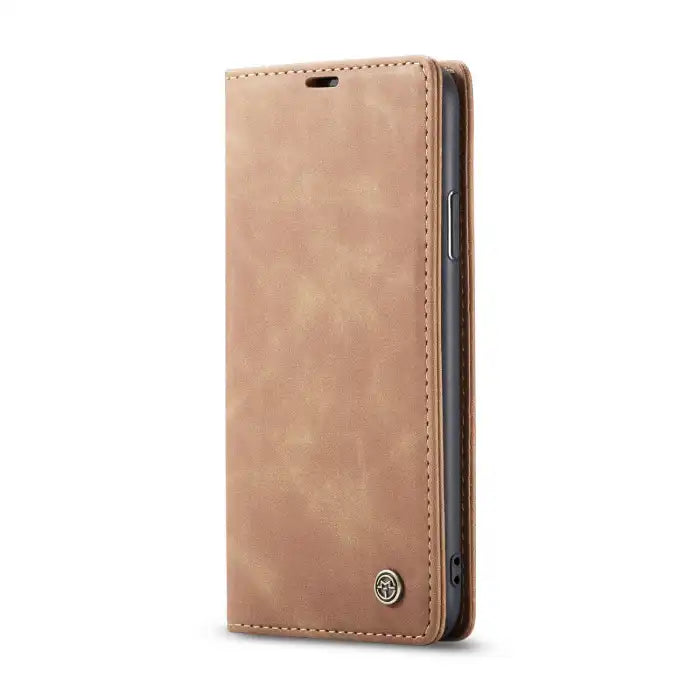 Leather phone case in beige with soft matte texture and wallet-style flip closure.