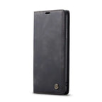 Leather phone case in black with slim wallet-style flip cover and brown stitching accents.