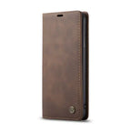 Leather phone case in brown with vintage finish, stitched edges, and flip front cover.
