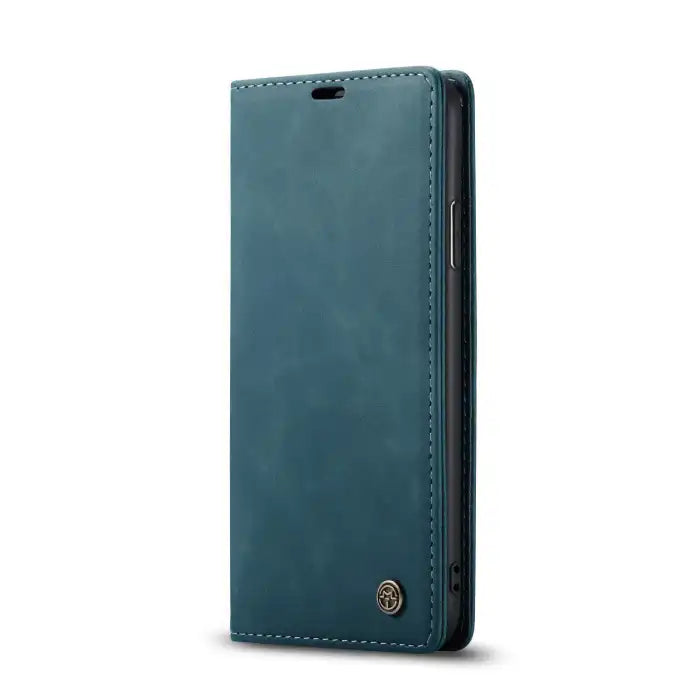 Leather phone case in teal with magnetic flip design and visible side button access.