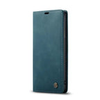 Leather phone case in teal with magnetic flip design and visible side button access.