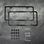 License plate holder frames with screws, caps, washers, and hex key on dark metal background.