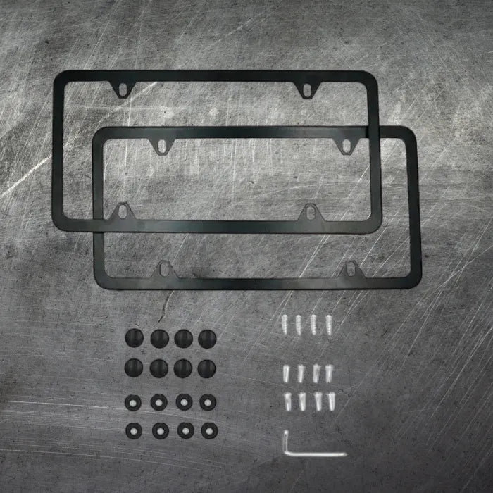 License plate holder frames with screws, caps, washers, and hex key on dark metal background.