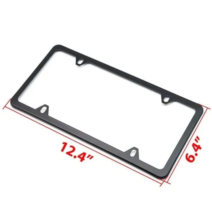 License plate holder frame with 12.4 inch by 6.4 inch dimensions displayed.