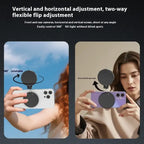 Magnetic Selfie Light mounted on phones, demonstrating 360° rotation and adjustable vertical/horizontal angles.