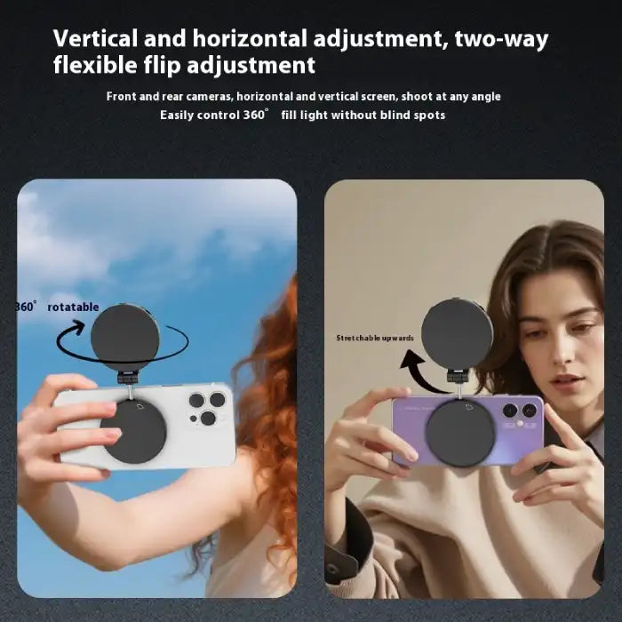 Magnetic Selfie Light mounted on phones, demonstrating 360° rotation and adjustable vertical/horizontal angles.