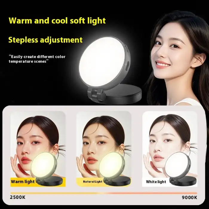Magnetic Selfie Light displaying warm, natural, and white light options with stepless brightness adjustment.