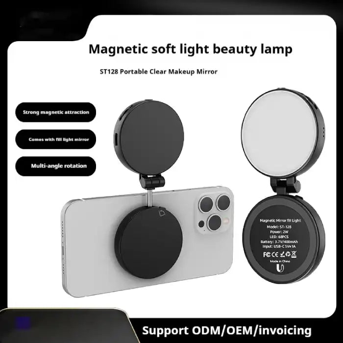 Magnetic Selfie Light with strong phone mount, fill light mirror, and multi-angle flexible design.