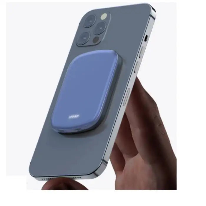 Magsafe Power Bank in blue color attached to iPhone with slim design and LED indicator light