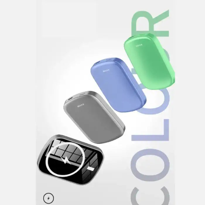 Magsafe Power Bank in gray, blue, and green floating to show available colors and LED indicators