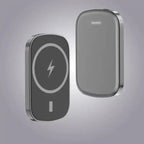 Magsafe Power Bank in gray showing front with charging symbol and back with LED battery display