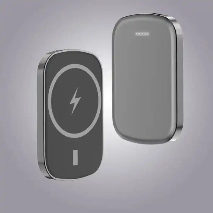 Magsafe Power Bank in gray showing front with charging symbol and back with LED battery display