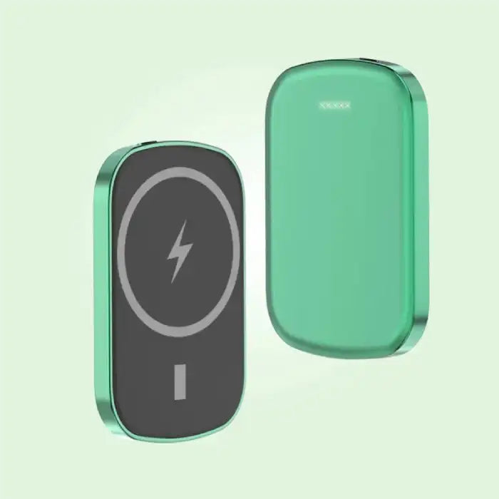 Magsafe Power Bank in green color with front lightning icon and back LED light design