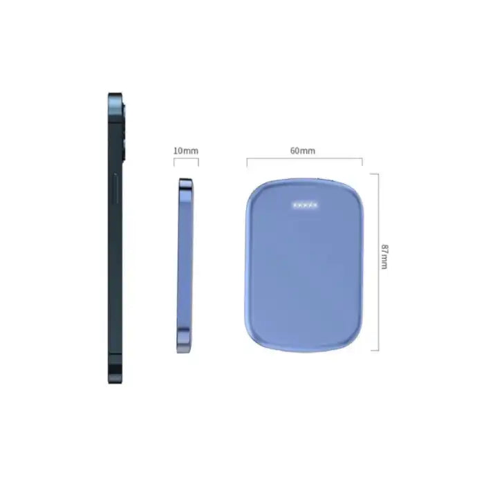 Magsafe Power Bank size compared to iPhone showing 87mm height and 10mm slim thickness