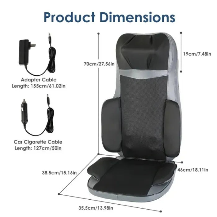 Massager for chair with detailed dimensions, cable lengths, and adapter types clearly labeled.