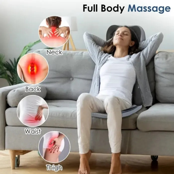 Massager for chair providing full body massage targeting neck, back, waist, and thighs.