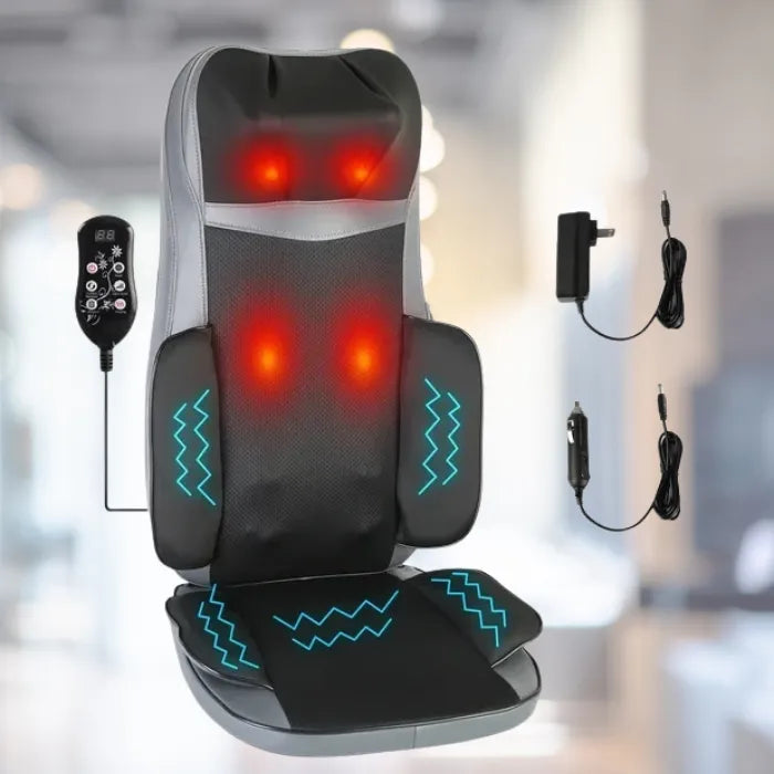 Massager for chair shown in indoor setting with remote and dual power adapters for home and car use.