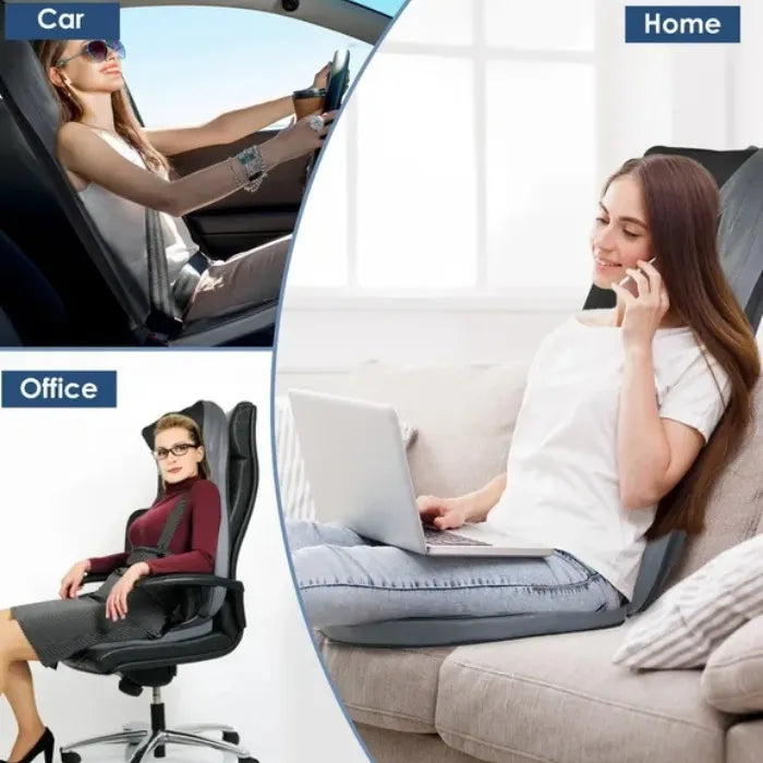 Massager for chair shown used in car, office, and home settings for versatile comfort.