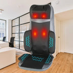 Massager for chair displayed in modern office, red heating lights activated on back and neck.