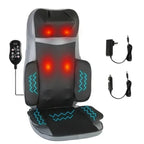 Massager for chair with heating pads, remote control, and AC plus car adapter included.