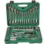 Metric drive socket set with full chrome tools neatly arranged in a durable green carry case