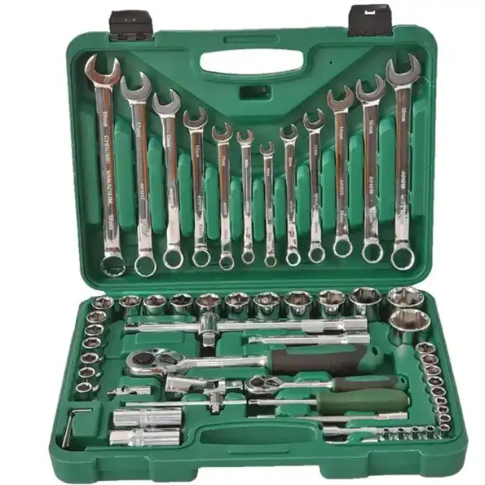Metric drive socket set with full chrome tools neatly arranged in a durable green carry case