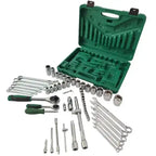 Metric drive socket set fully unpacked with empty molded green case in background